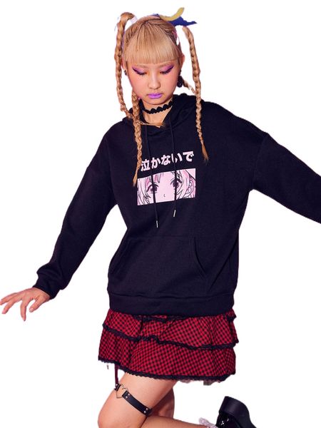 

romwe japanese writing figure graphic kangaroo pocket drawstring hoodie o5q4#, Black