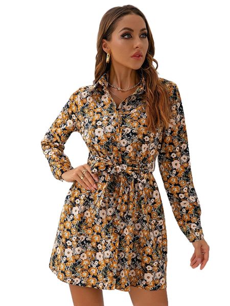 

floral print belted corduroy shirt dress p25s#, Black;gray