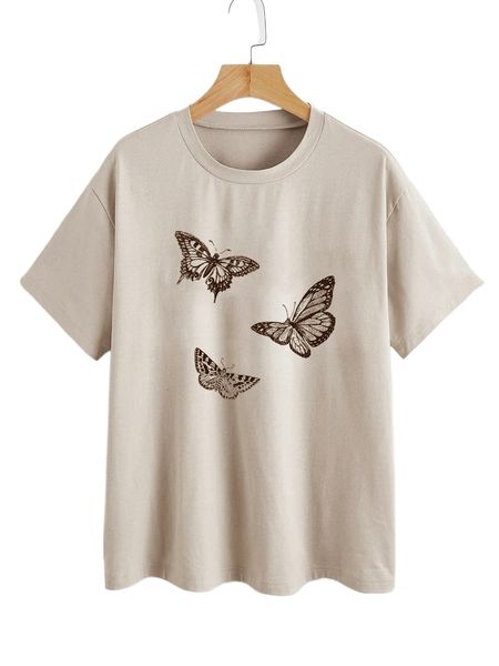 

butterfly print drop shoulder tee y7m6#, White
