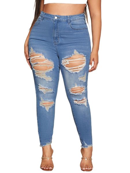 

plus high waist ripped frayed hem skinny jeans m6rm#, Blue