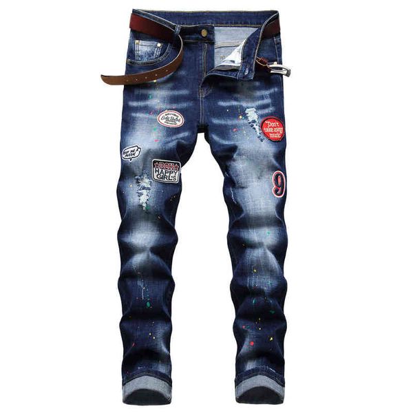 

mens stylish badge decors torn hole jeans splashed ink printing denim pants stretch slim fit straight casual jeans x220714, Blue