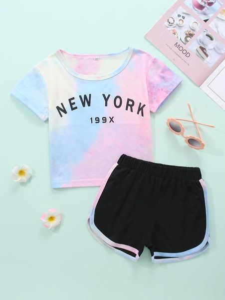 

toddler girls tie dye letter graphic tee & binding shorts she, White
