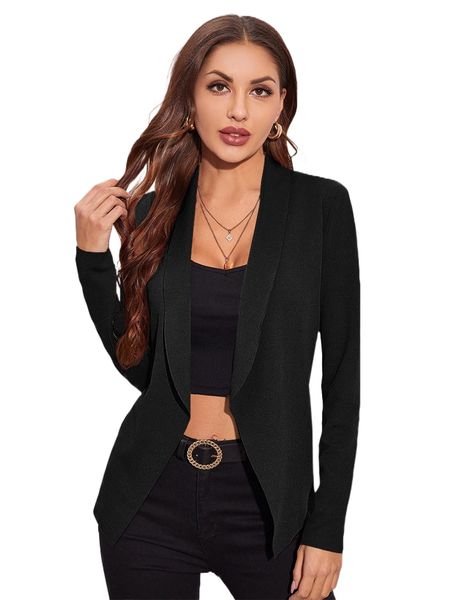 

shawl neck open front solid coat e8fb#, Black