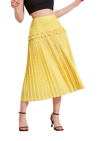 

x creative calm floral print ruffle detail pleated skirt u3yb#, Black