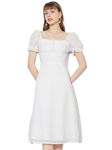 

puff sleeve square neck tie front eyelet embroidered dress l4ne#, Black;gray