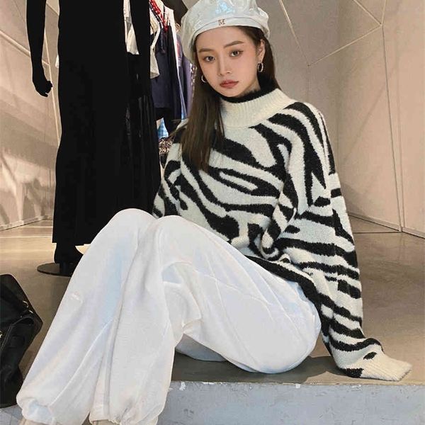 

jxmyy autumn and winter lazy wind zebra pattern imitation mink fur loose hooded long-sleeved sweater blouse 210412, White;black