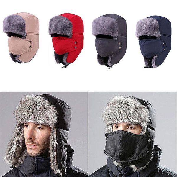 Caschi da moto Uomo Donna Unisex Bomber Cappelli Cappello da sci Inverno Uomo Caldo Ushanka russo con paraorecchie Maschera traspirante staccabile