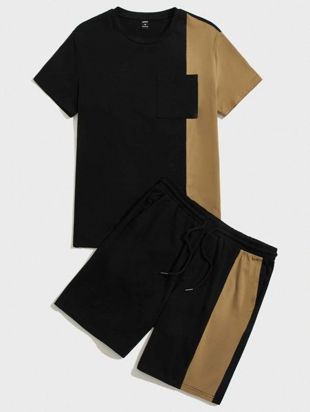 

men colorblock patched pocket tee & drawstring waist track shorts set o0fu#, Gray
