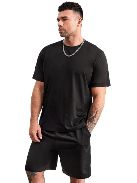 

extended sizes men solid tee & drawstring waist shorts z5yk#, Gray
