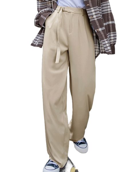

dazy buckle waist fold pleated pants z4jv#, Black;white