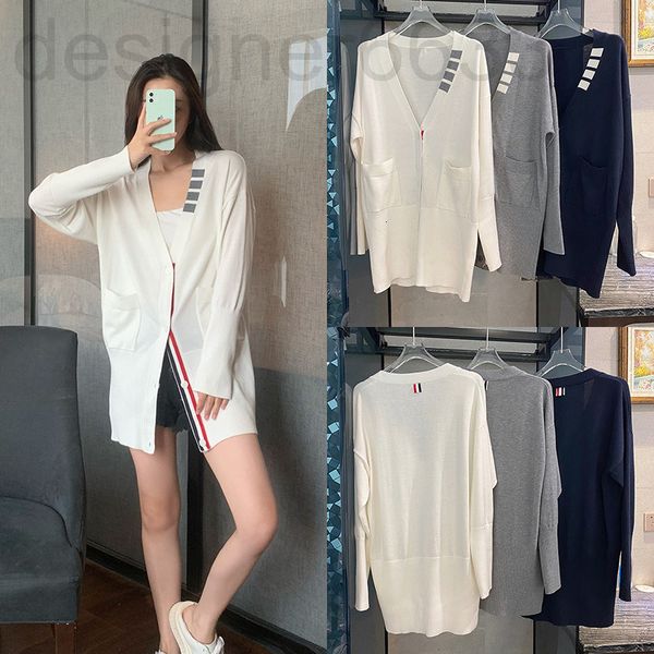 

women's knits & tees designer 21 autumn and winter tb college style collar edge four bar v-neck stripe contrast knitting medium long ca, White
