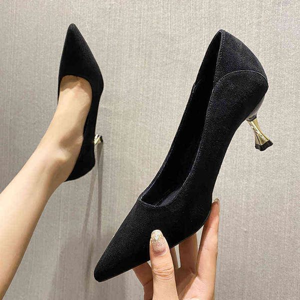 

autumn 2022 black suede high heel's thin heels pointed single shoes women