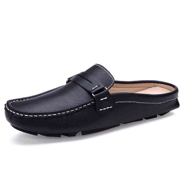 

dres shoe brand men shoe summer casual flat man soft leather slip on half slipper comfortable driving loafer 220723, Black