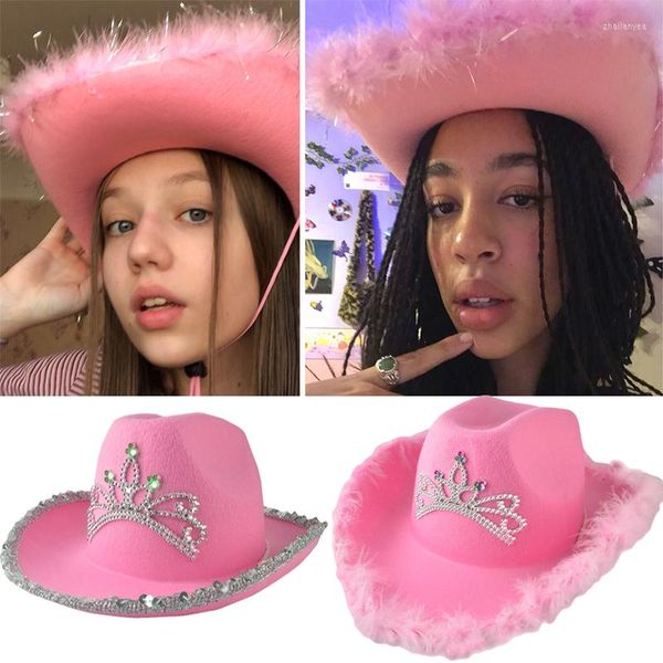 Berretti Creative Pink Tiara Cowgirl Hat Cap per le donne Ragazze Bling Tesa larga Fedora Cowboy Western Style Birthday Cosplay Party HatsBerets