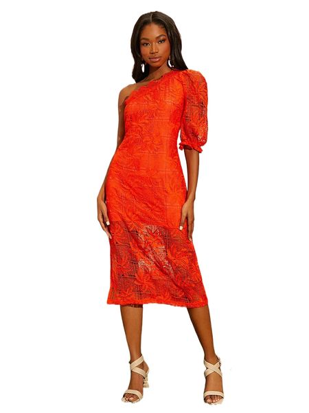 

neon orange floral embroidery one shoulder split hem dress 79vc#, Black;gray