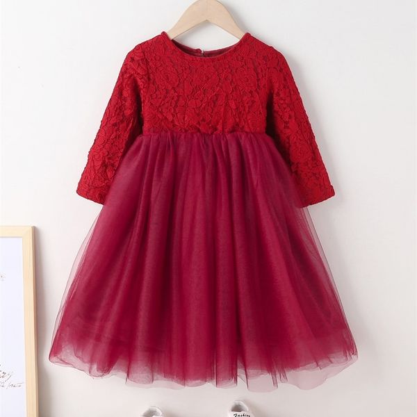 

little girl lace and mesh trumpet dress she, Red;yellow