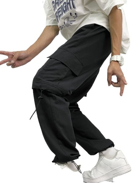 

men flap pocket side drawstring waist cargo pants 59dw#, Black