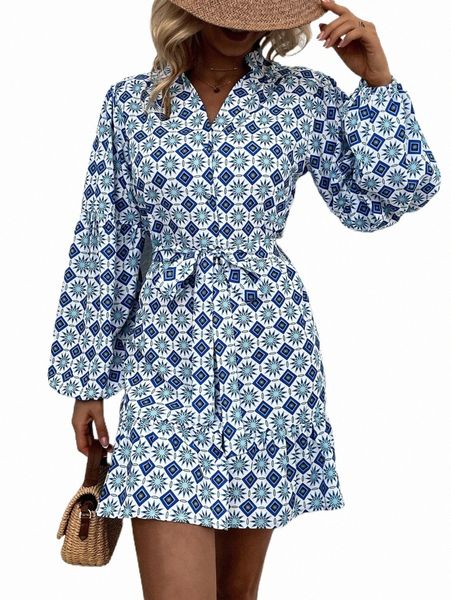 

allover print lantern sleeve ruffle hem belted dress v8jt#, Black;gray