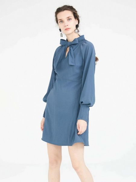 

tie neck lantern sleeve dress c438#, Black;gray