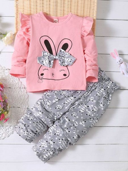 

toddler girls bow front rabbit print tee with paperbag pants she, White