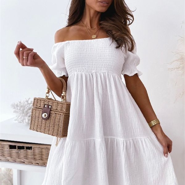 

women backless mini dress summer fashion lady slash neck white puff sleeve big swing party beach dresses casual robe femme 220518, Black;gray