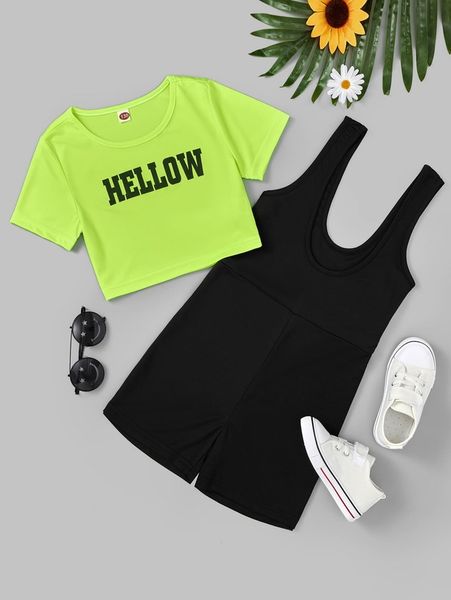 

girls letter graphic tee & tank romper she, White
