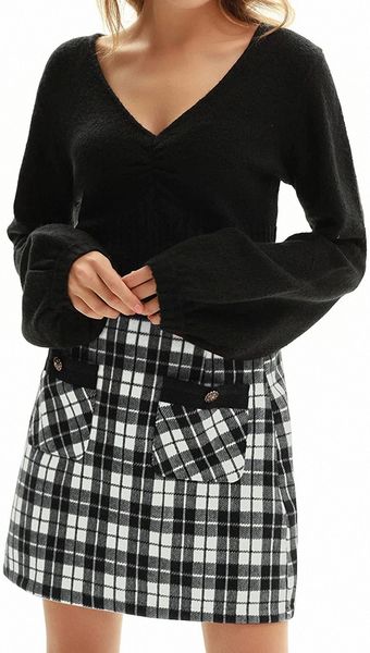 

poque women's high waist mini skirt tweed a-line pencil skirt with pocket 751p#, Black
