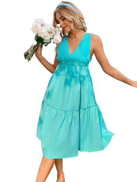 

solid ruffle hem frill trim tie back dress 63mt#, Black;gray