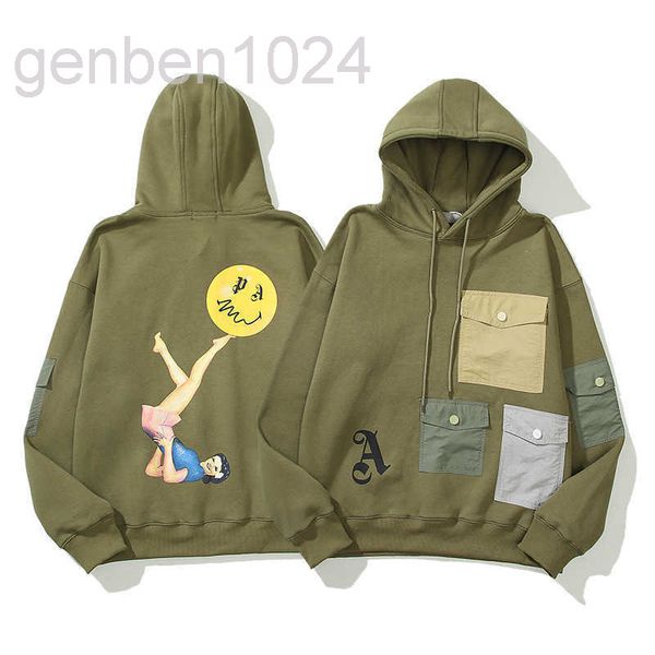 

gaojiechao pa printing trend functional multi pocket design pullover hoodie winter, Black