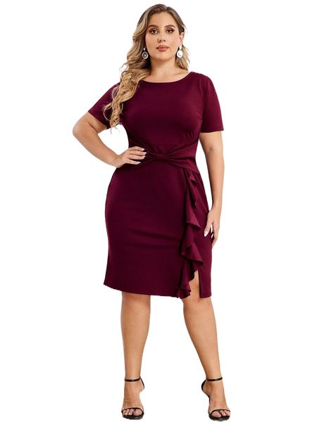 

miusol plus solid knot front ruffle trim dress u4xv#, Black