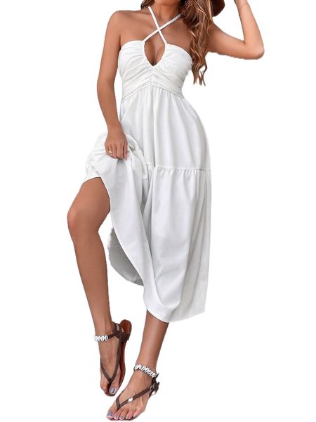 

criss cross tie backless shirred dress x5db#, Black;gray
