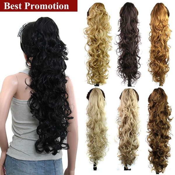 

ponytails wholesale-75cm fake curly synthetic drawstring pony tail extension hair clip in on tails horse tress postiche ribbon, Black