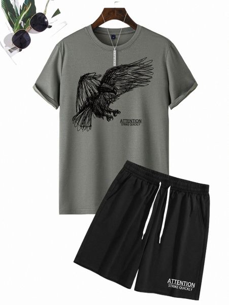 

men letter & eagle print tee & drawstring shorts c6fx#, Gray
