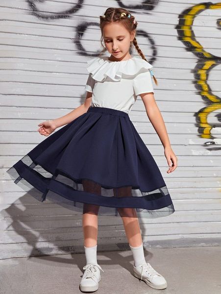 

girls ruffle & contrast mesh flare skirt set she, White