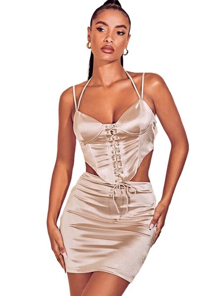 

bae lace up front tie back bustier cami & bodycon skirt n1my#, White