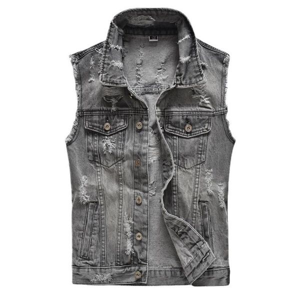 

men's vests men's vintage ripped denim vest casual grey en's, Black;white