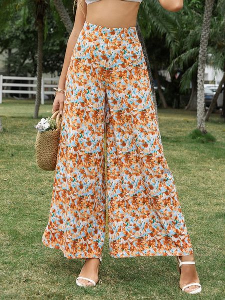

allover floral print wide leg pants q8pd#, Black;white