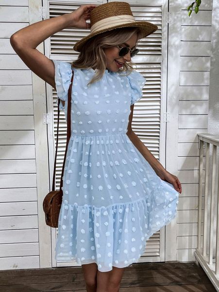 

swiss dot butterfly sleeve ruffle hem chiffon dress 94sh#, Black;gray