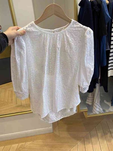 

women's polos fadan  family spring and summer temperament lady style round neck hollow out embroidery solid color backless top, White