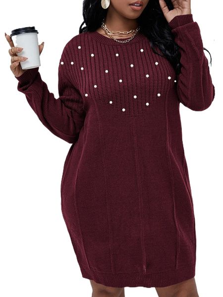 

plus pearls beaded drop shoulder sweater dress v71u#, Black
