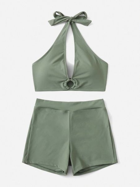 

ring linked halter shorts bikini swimsuit m2sb#, White;black