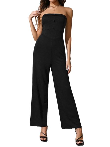 

fake button wide leg tube jumpsuit r2la#, Black;white