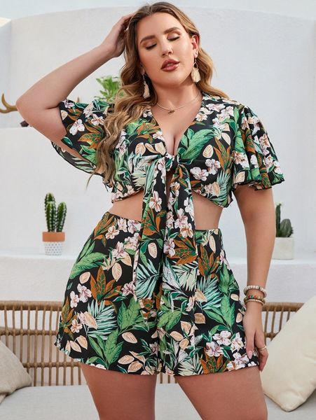 

plus floral print tie front & shorts g8lc#, Black