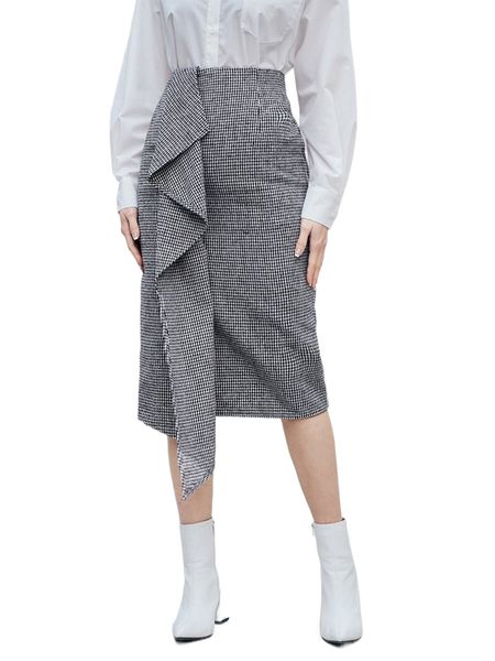 

x farah high waist houndstooth drape side skirt 22ru#, Black