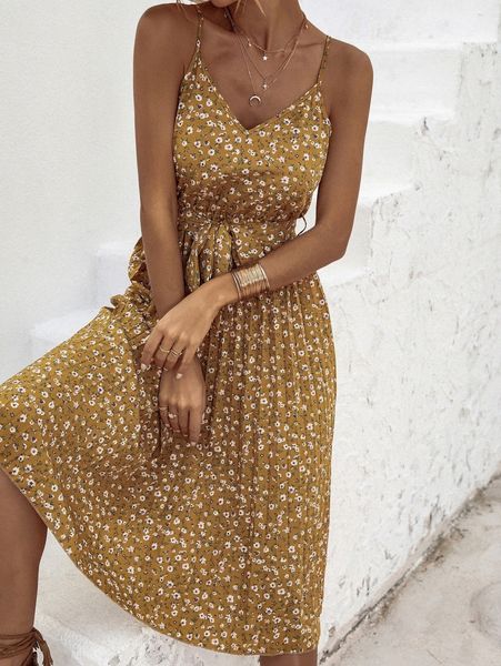 

ditsy floral pleated hem belted cami dress 36li#, Black;gray