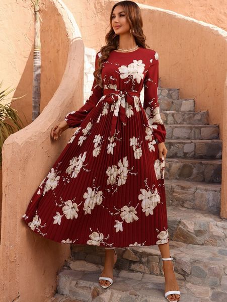 

floral print pleated belted dress n0yu#, Black;gray