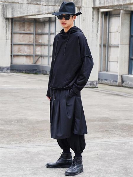 

men's pants men's culottes spring and autumn dark singer hair stylist style asymmetrical skirt small foot large size nine, Black