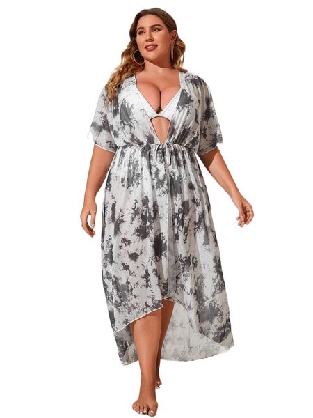 

plus tie dye tie front kimono t0fy#, Black;gray