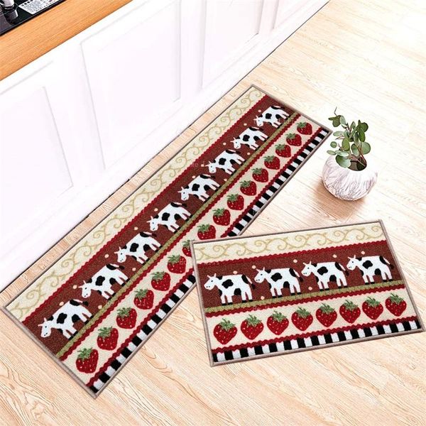 Teppiche, Küchen-Flanellteppiche, 2-teilig, bedruckter Latexrücken, maschinenwaschbar, Erdbeer- und weißes Kuhmuster