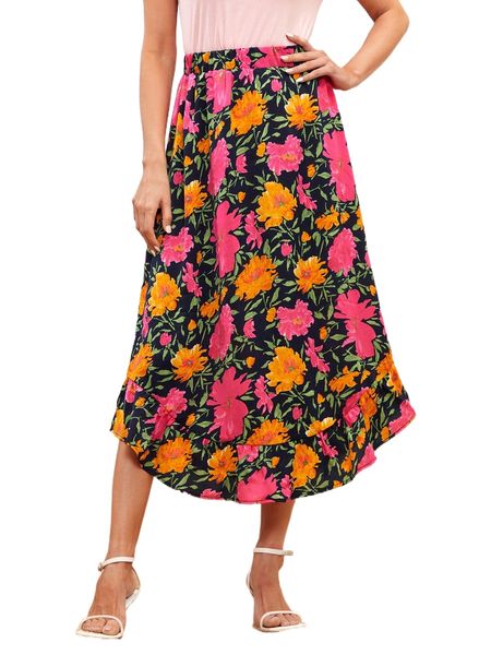 

emery rose allover floral print ruffle hem skirt z0si#, Black